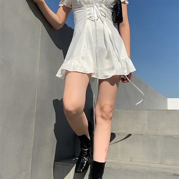 

klalien fashion elegant bow white female mini dress summer party birthday festival cute french romantic silk dres 220509, Black;gray