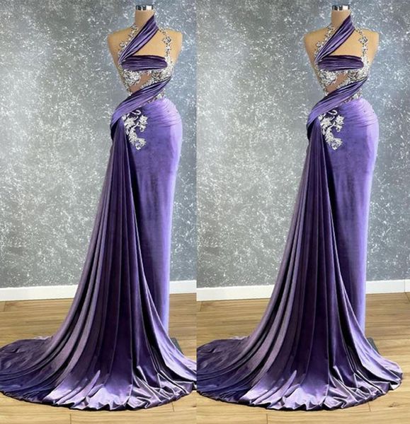 

mermaid velvet prom dresses princess sleeveless halter v neck appliques sequins beads luxury shiny floor length party gowns plus size custom, Black