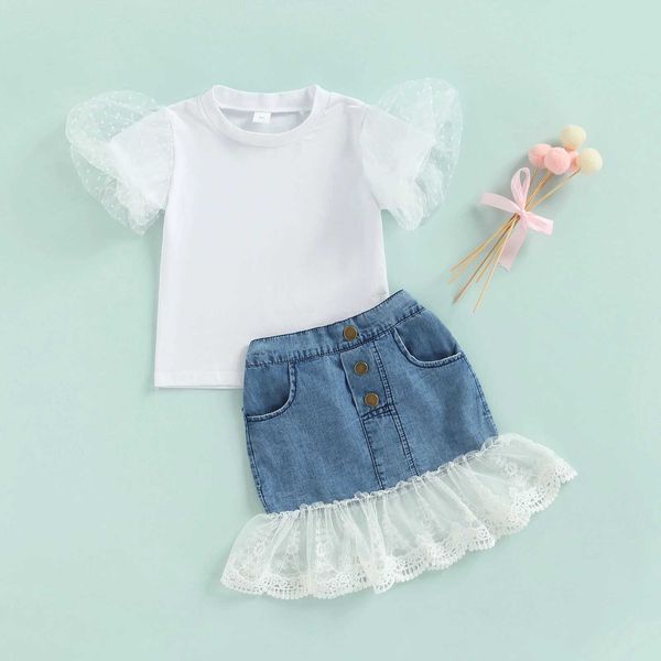 

summer new girls fashion white lace sleeve denim skirt set girls' suit