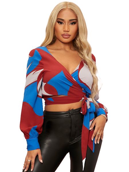 

sxy colorblock tie front crop blouse z8fz#, White
