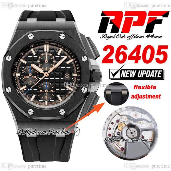 

apf 44mm 2640 a3126 automatic chronograph mens watch ceramic titanium steel black textured gold dial rubber super edition puretime (strap ex, Slivery;brown