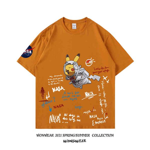 

nasa astronaut t-shirt men's joint short sleeve ins fashion cartoon pure cotton couple student summer clothing bottoms 3g4z5, White;black