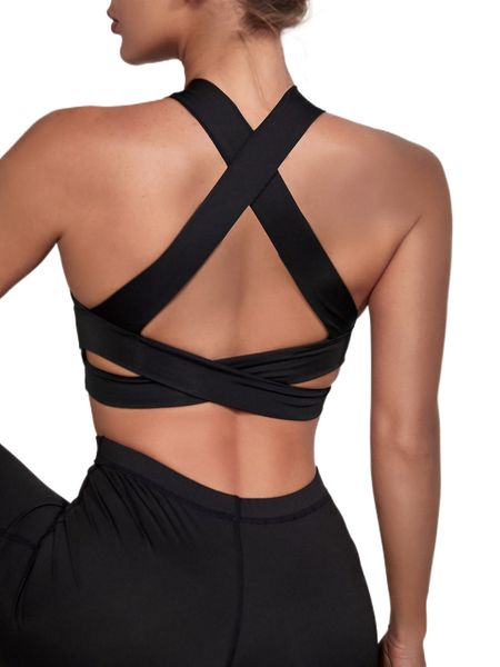 

solid criss cross medium stretch sports bra l05s#, Gray