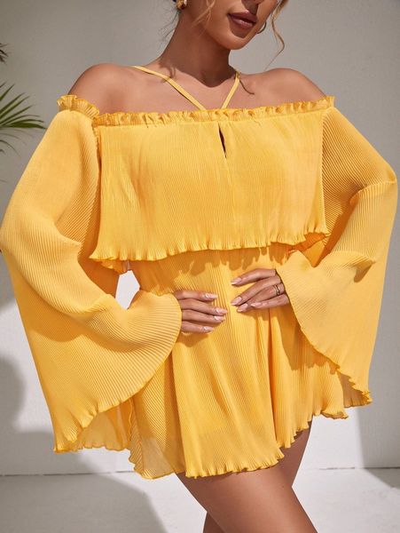 

cold shoulder bell sleeve lettuce trim plisse dress j0vc#, Black;gray