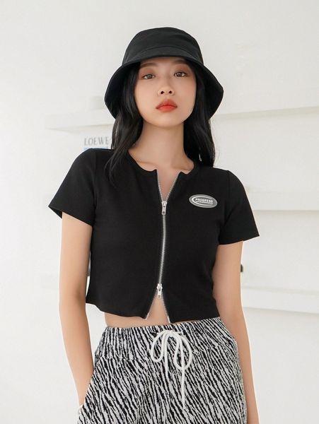 

dazy zip up rib-knit crop tee i0yu#, White