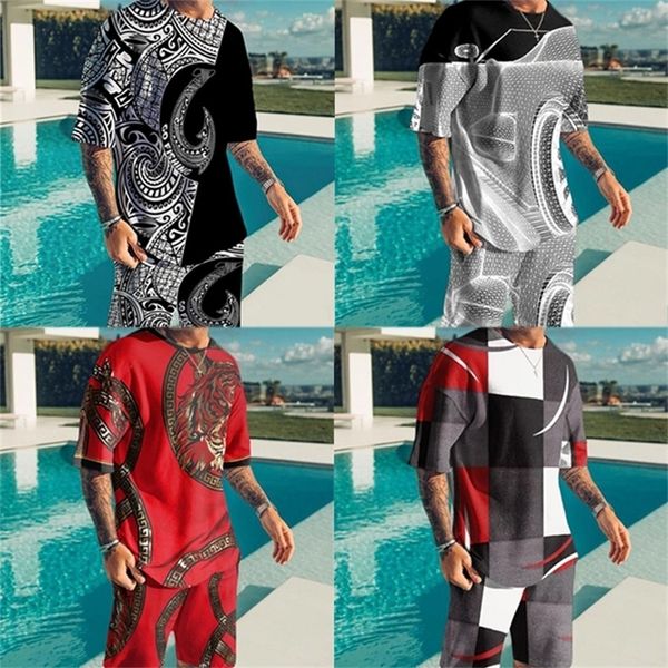 

summer european and american oversized men's trend casual beach style texture 3d digital printing t-shirt shorts suit 220706, Gray