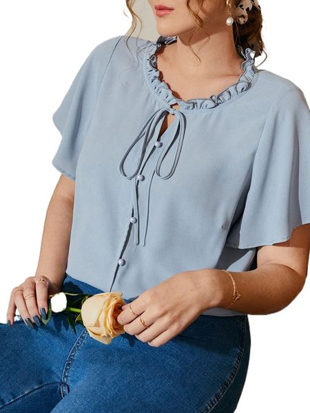 

plus button front tie front blouse 76da#, Black