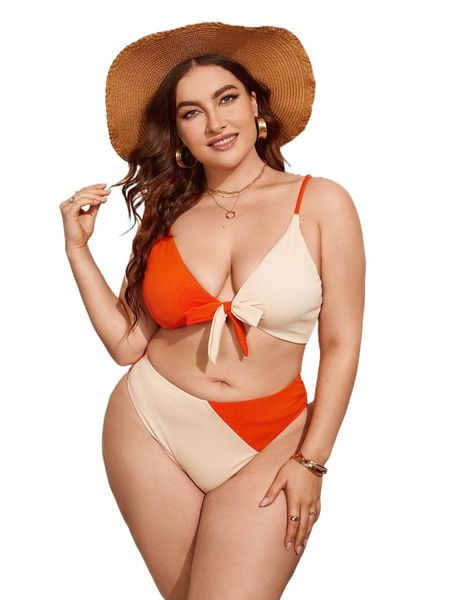 

plus two tone knot front bikini swimsuit d1sp#, White;black