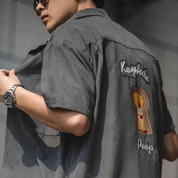 

men's tracksuits madden work clothes american loose peach skin velvet cuban collar shirt peep series letter embroidery shirt fashion 6z, Gray