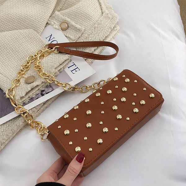 

women shoulder bag 2022 pu leather purse and handbags female shopper fashion casual solid color individual rivets chain flap bag