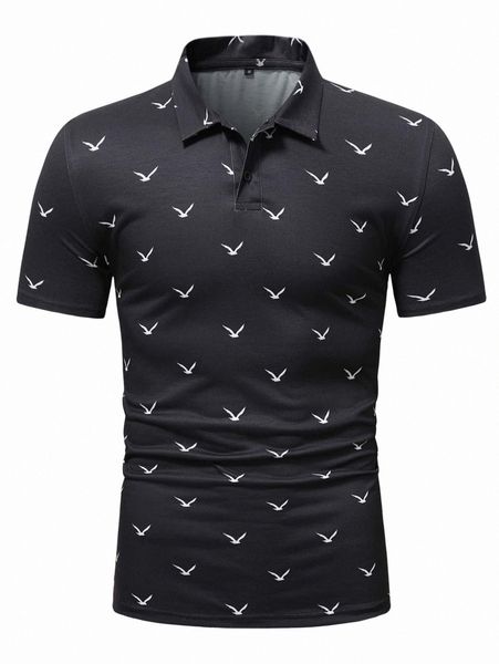 

men bird print polo shirt l1fo#, White;black