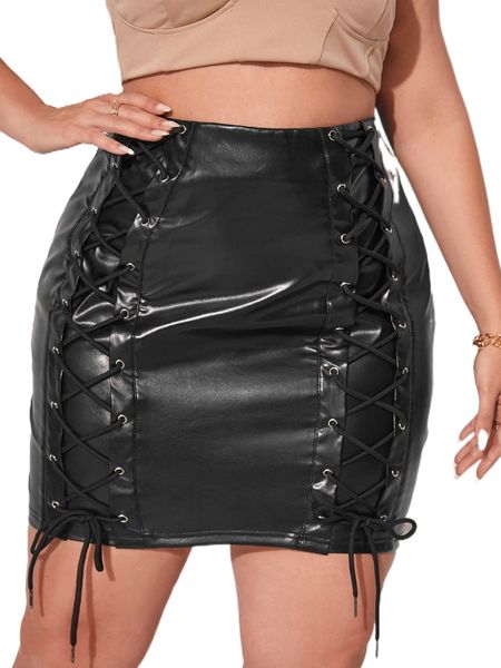 

plus lace up front pu bodycon skirt 04dc#, Black
