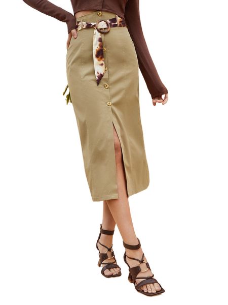 

single breasted placket straight skirt with buckle belt t3vl#, Black