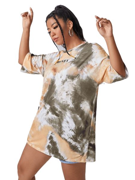 

plus tie dye and letter graphic oversized tee 92js#, Black