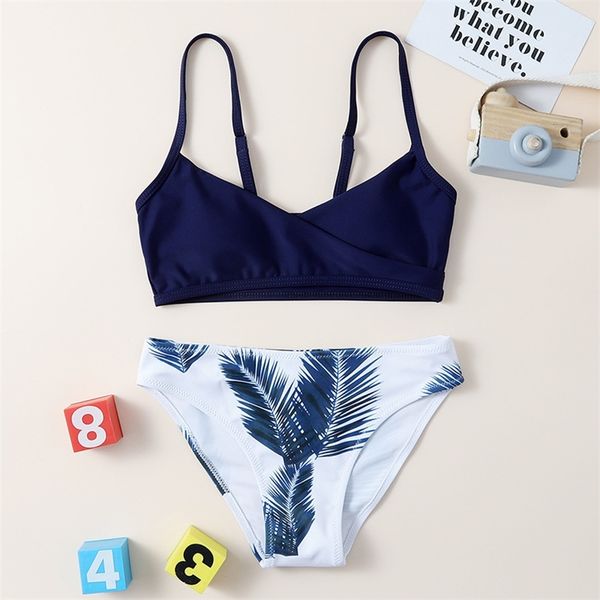 

7~14years summer teen girls swimsuit leaf printed two pieces kids swimwear for beach wear biquini infantil bikini 220426, Black