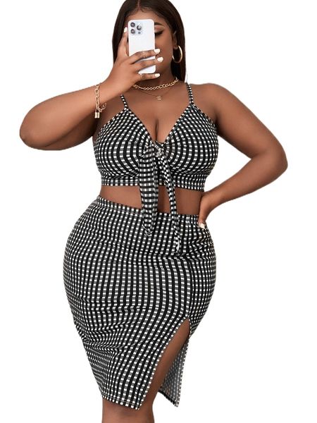 

sxy plus gingham knot front crop cami & split hem skirt g0ja#, Black