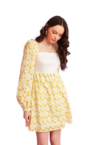 

x caccao geo print square neck lantern sleeve dress 27pp#, Black;gray