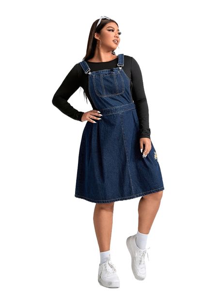 

plus floral embroidery overall denim dress without g6oo#, Black