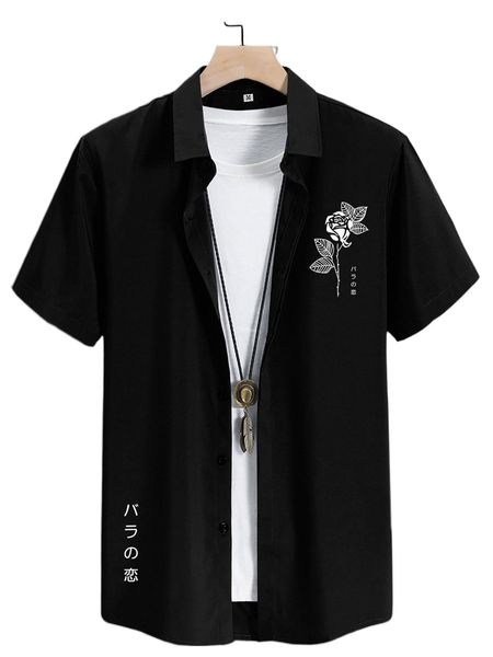 

men japanese letter & floral print shirt without tee l8ij#, White;black
