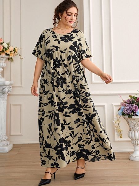 

plus floral print smock dress z38t#, Black