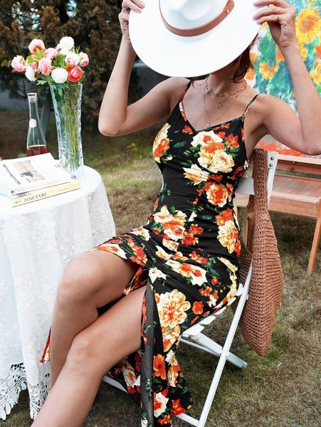 

floral print drawstring front slit hem cami dress n6c2#, Black;gray
