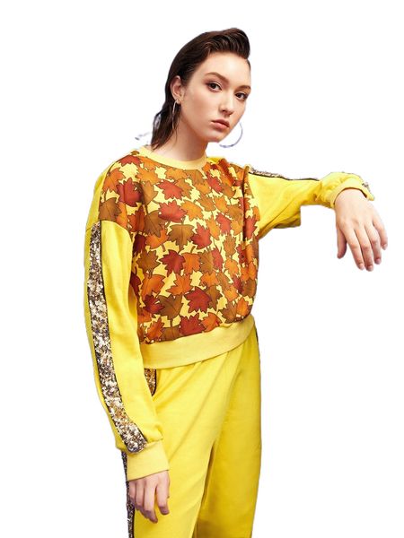 

x nidhi leaf print drop shoulder contrast sequin pullover 51fp#, Black