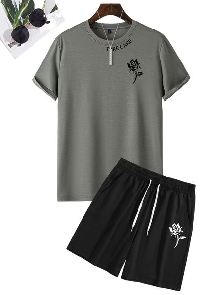 

men floral & letter graphic tee & drawstring waist shorts o5mb#, Gray