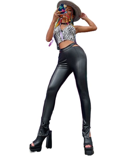 

cut out split hem pu pants 02i5#, Black;white