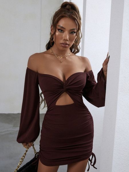 

off shoulder twist front drawstring dress p6xk#, Black;gray