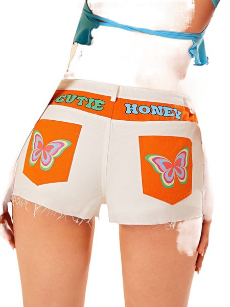 

butterfly & letter graphic raw hem shorts 02ox#, White;black