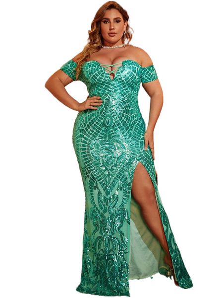 

plus off shoulder split thigh sequins prom dress x8x5#, Black