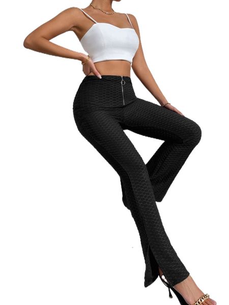 

zipper fly flare leg honeycomb textured pants m9kx#, Black;white