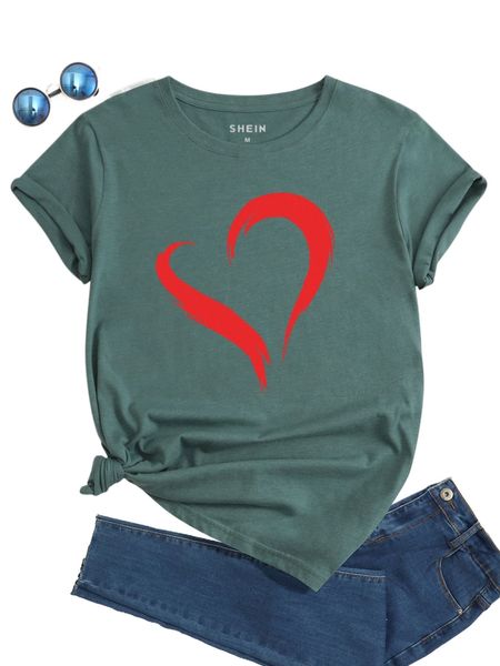 

heart print round neck tee s21g#, White