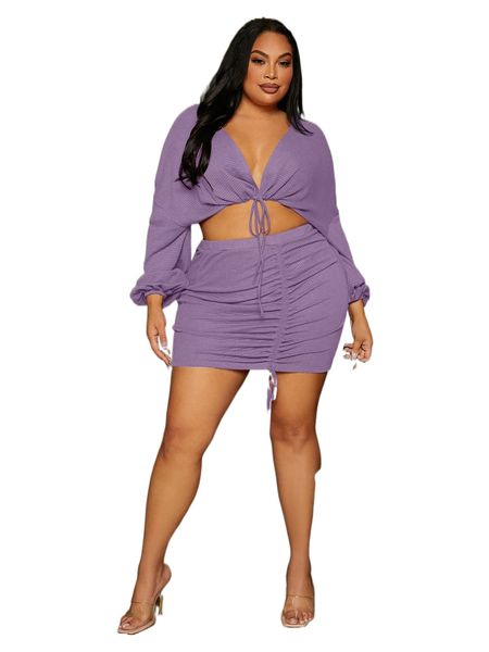 

sxy plus tie front crop & ruched skirt set w7pl#, Black