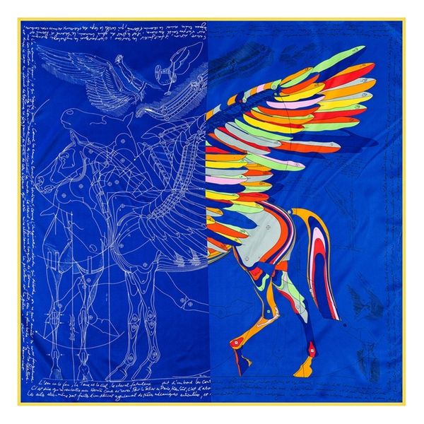 

90cm medieval pegasus print twill silk scarf women square shawl brand hijab bandana leopard handmade curled head 220507, Blue;gray