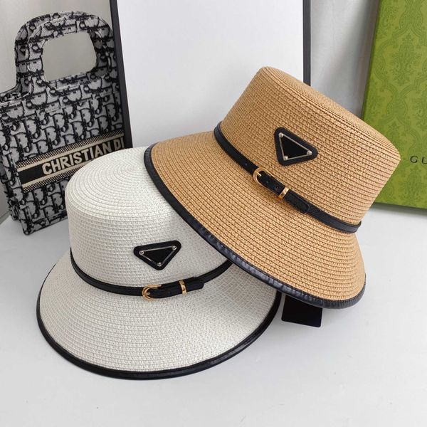 

2022 design and correct version p family inverted triangular label belt buckle large brim shading straw hat, Blue;gray