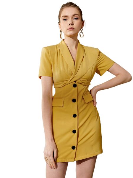 

shawl collar button front flap detail dress t6zp#, Black;gray