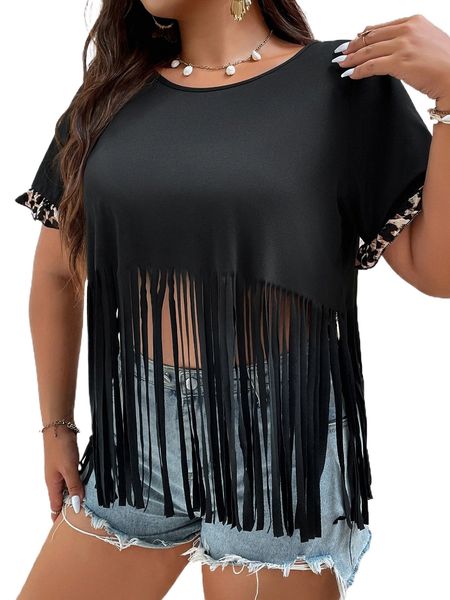 

plus leopard print fringe trim tee s8oo#, Black