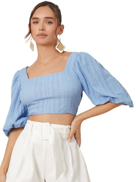 

square neck puff sleeve cut out tie back crop blouse l5x8#, White