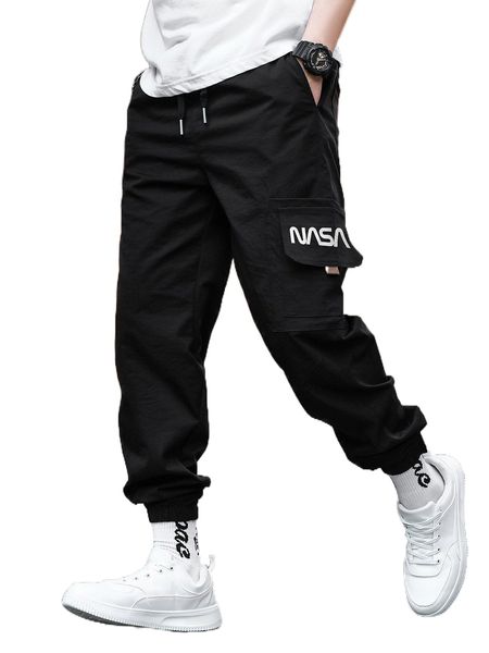 

men letter graphic flap pocket cargo pants u1nu#, Black
