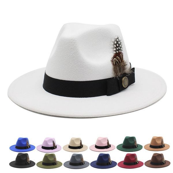 Модная шерстяная фетровая шляпа Fedora для женщин и мужчин, украшенная перьями, джентльменская классическая британская шляпа с широкими полями, джазовые шапки HCS166