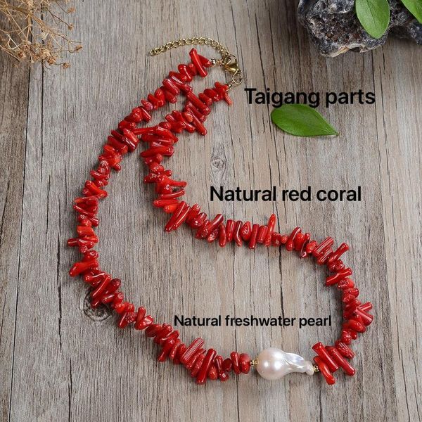 Catene Pietra preziosa naturale Corallo rosso irregolare Chip Pietra Perla d'acqua dolce Creazione di gioielli Accessori in acciaio inossidabile Collana Catene