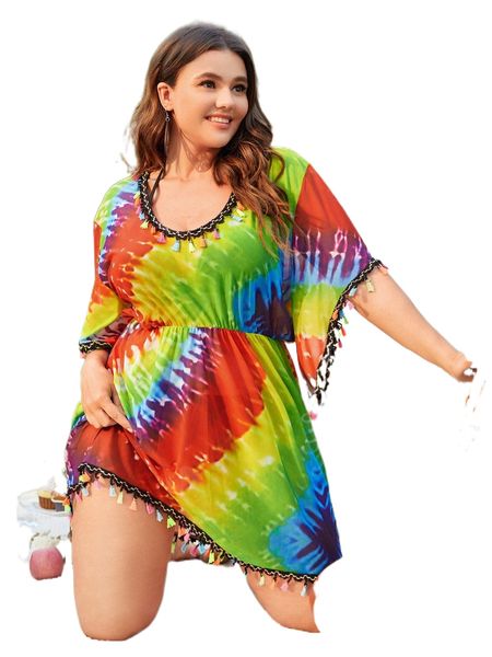 

plus tie dye tassel decor cover up m25n#, Black