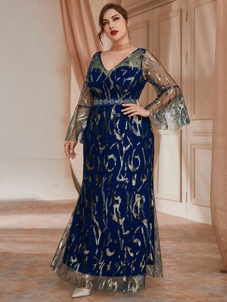 

plus graphic mesh overlay flounce sleeve prom dress 58wm#, Black