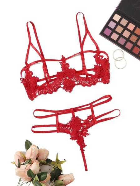 

appliques cut-out lingerie set b7e5#, Black;red