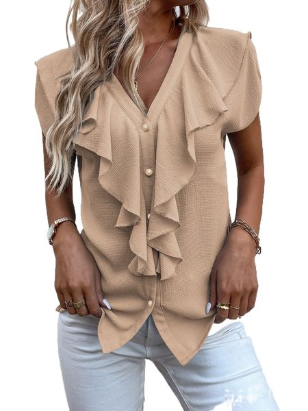 

solid ruffle trim blouse s4vc#, White
