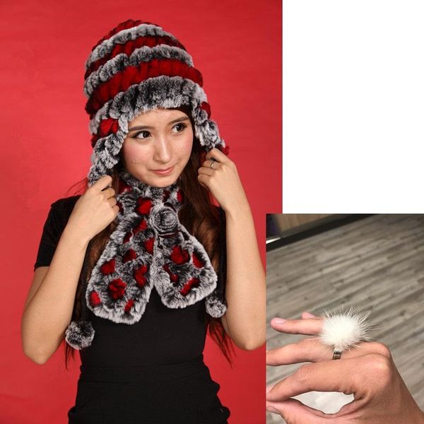 Berretti Cappelli di pelliccia con paraorecchie per donna Inverno caldo Set di vero cappello Rex con sciarpa scozzese floreale Anello di visone naturale H160