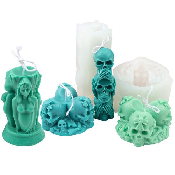 Três face deus de deusa vela silicone molde diy skull witch kit sabão caly resin bolo presentes de artesanato 220721