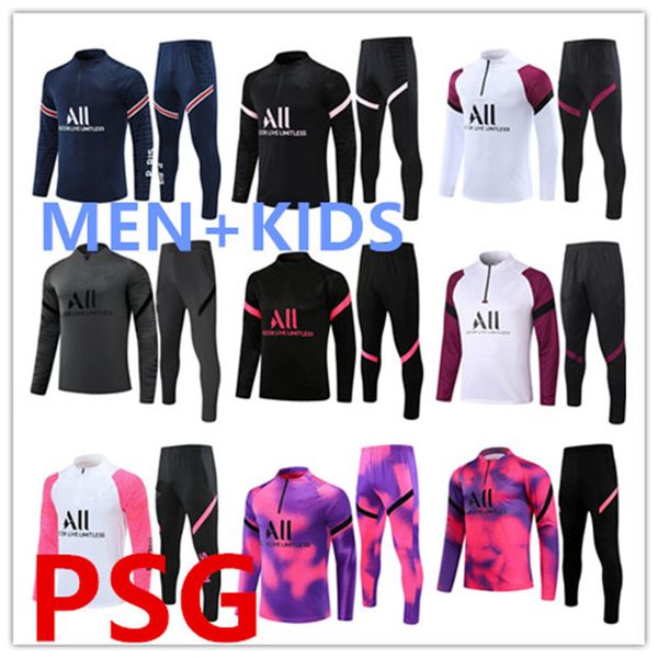 

21/22 paris tracksuit 2021 2022 kids and men training suit mbappe long sleeve football soccer jersey kit uniform chandal boys, Black