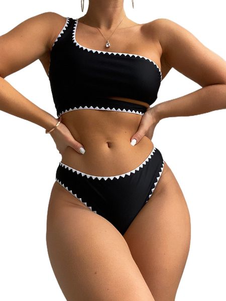 

whip stitch one shoulder bikini swimsuit r64m#, White;black